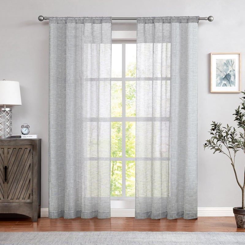 Central Park Gray Sheer Window Curtain Panels Linen Texture Solid Window Treatment Sets Drape Pairs Rod Pocket Curtains for Living and Bedroom Farmhouse 84 inches Long, 2 Panels - Image 1
